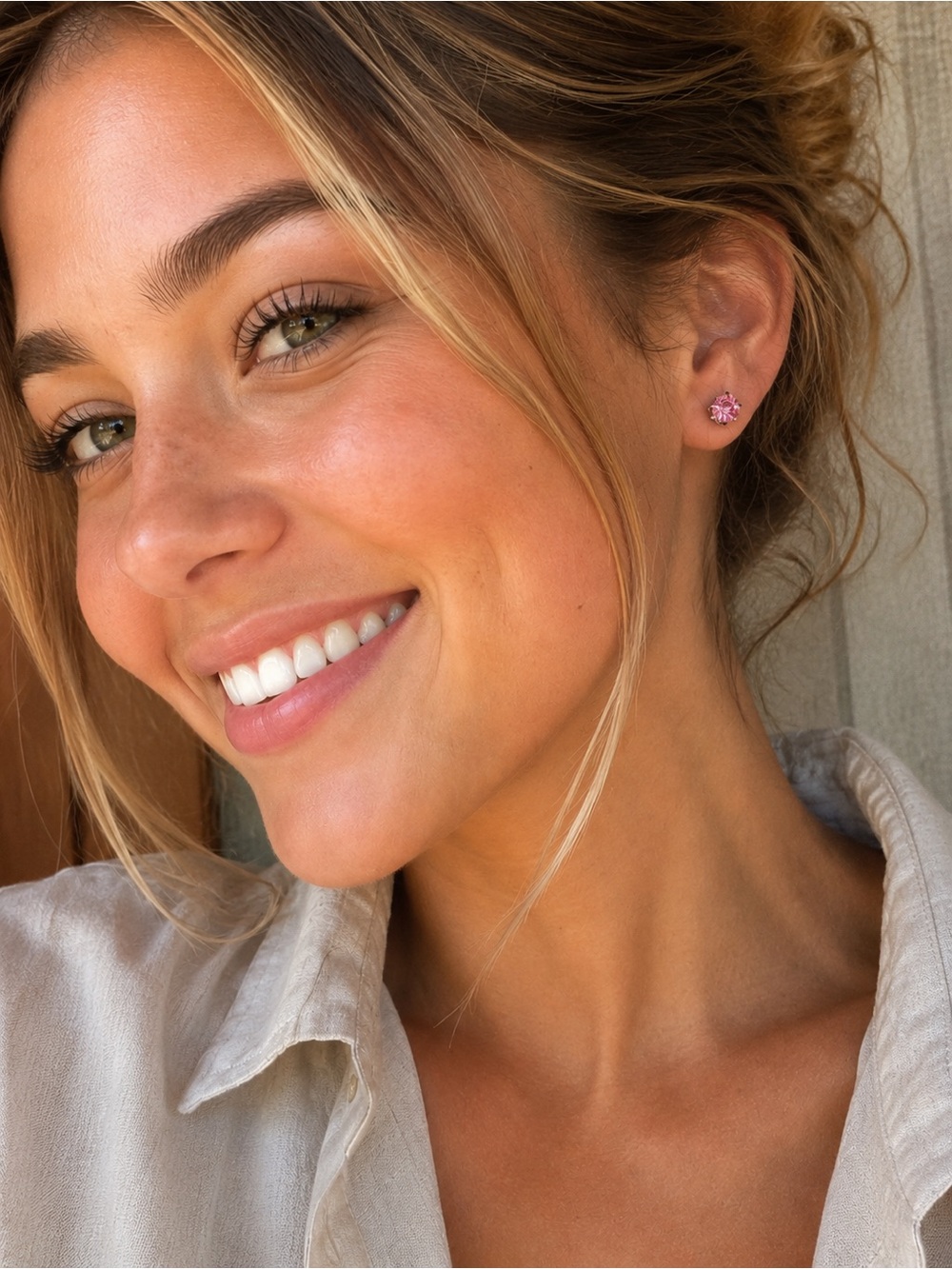Pink Crystal Rhinestone Stud Earrings | Silver Tone Sparkly Round Classic Posts